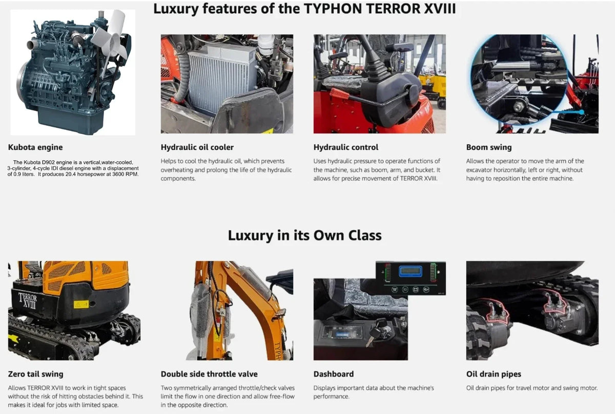 FREE SHIPPING 4000 lbs Terror XVIII Mini Excavator, KUBOTA D902 Diesel Engine